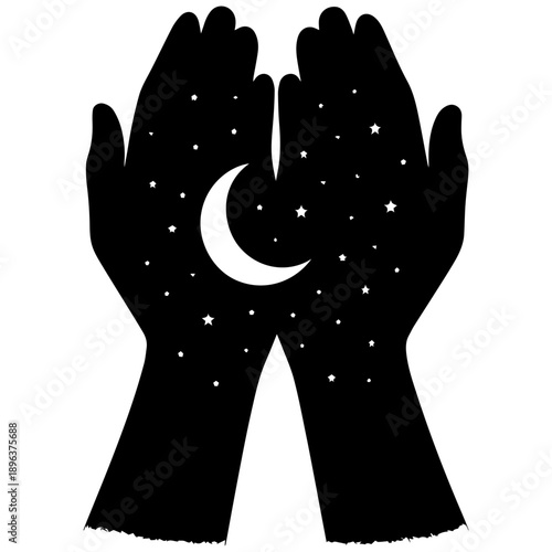 Open Hands Silhouette Holding Crescent Moon and Stars, Cosmic Night Sky Concept