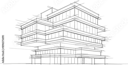 Technical sketch of a modern multistory commercial office building with cantilevered glass facades for urban architectural project branding