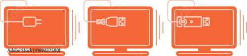 Computer monitors with a power cable, flash drive, and USB port. Technology and monitors, orange vector icons. Memory and data storage