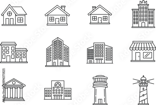 Real Estate and Architecture Line Icons Set Featuring Residential Houses, Modern Skyscrapers, Hospital Buildings, City Landmarks, and Commercial Shop Fronts.