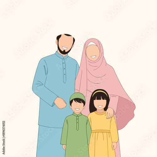 Diverse family in traditional clothing standing together happily
