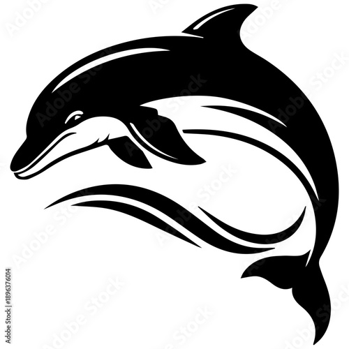 Black and White Dolphin Logo Icon, Sleek Aquatic Marine Mammal Silhouette Jumping Over Waves