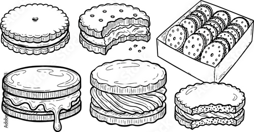 Black and white line art drawing of assorted cream biscuits cookies with bite marks and box packaging close up set