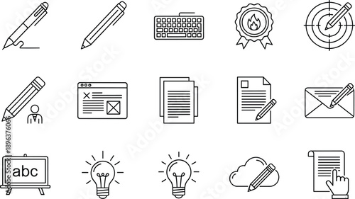 Set of Line Icons Representing Writing, Creativity, Communication, and Education – Black and White Vector Grid
