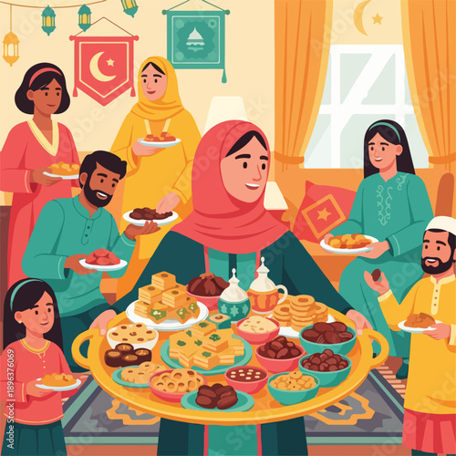 Diverse people gathering for festive meal with traditional food