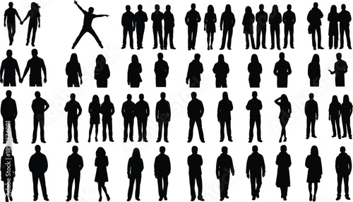 People silhouettes collection, men women standing walking holding hands poses, diverse human figures set, isolated black shapes on white background