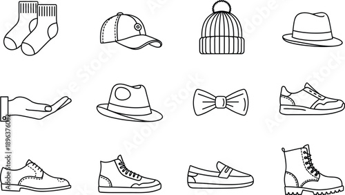 Set of Vector Linear Icons Featuring Fashion Accessories and Footwear Including Hats Shoes Boots Socks Bow Tie and Casual Apparel
