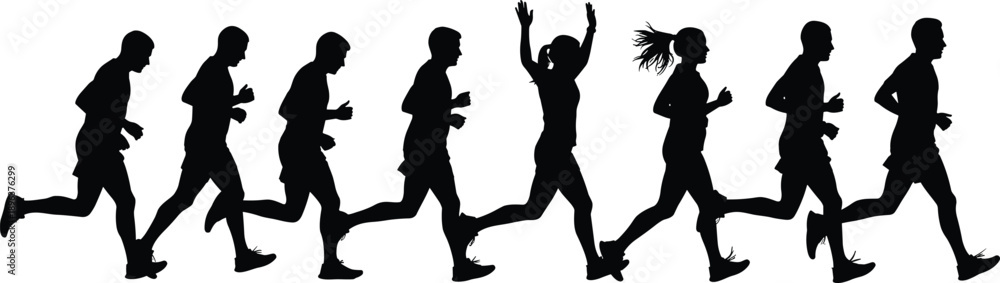 Obraz premium Running people silhouettes sequence, male and female joggers, fitness training motion, marathon endurance, healthy lifestyle, sport activity concept