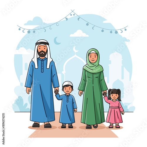 Traditional muslim family in thobe and hijab standing together