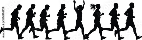 Running people silhouettes sequence, male and female joggers, fitness training motion, marathon endurance, healthy lifestyle, sport activity concept