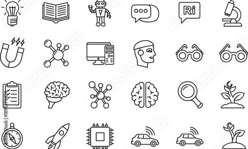 Vector Linear Icons Set for Science Technology Education and Innovation Featuring Artificial Intelligence Robotics Engineering Biology Physics Chemistry Research and Future