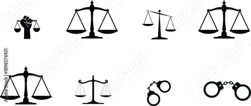 Justice and law symbols collection including balance scales and handcuffs representing equality and enforcement