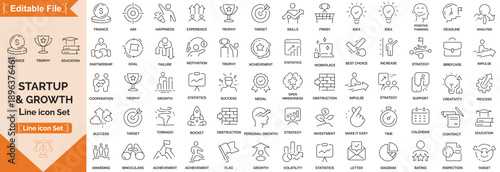 Growth and success and Startup icon set, line icons collection. Big UI icon set in a flat design. Thin outline icons pack.  Vector illustration. Editable line icons.