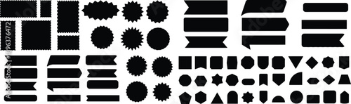 Diverse collection of black silhouette design elements including banners, labels, and geometric shapes