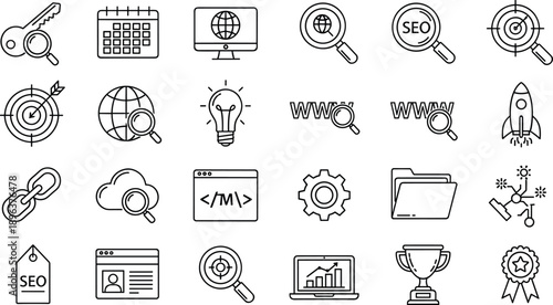 Vector Linear Icons Set for SEO and Digital Marketing Featuring Search Engine Optimization Web Analytics Key Research Strategy Data Ranking and Growth
