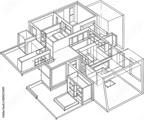 Detailed 3D isometric wireframe of a modern multi-story residential building showing complex internal structure for architectural design projects