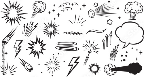 Line speed cartoon effect element set. Comic boom burst, explosive motion lines and smoke effects in hand drawn sketch doodle style for action scenes. Vector illustration.eps