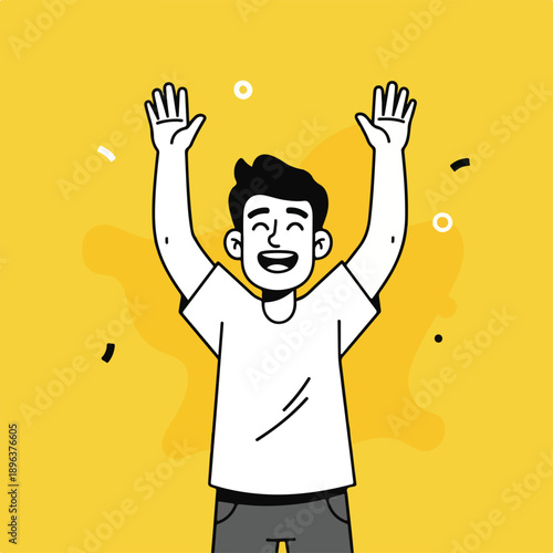 Man Celebrating with Arms Raised in Joy on Yellow Background