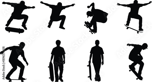 Skateboarder silhouettes performing tricks and jumps, showcasing urban skate culture, action sports, freedom, and dynamic motion isolated on white
