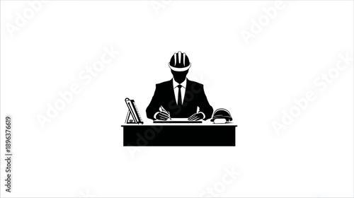 Professional Engineer or Architect Icon. Construction Planner in Hard Hat at Desk with Tools. Engineering and Architecture Symbol.