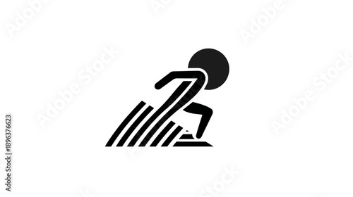 Dynamic running person icon, black silhouette with speed lines on white background, symbolizing speed, movement, and athleticism.