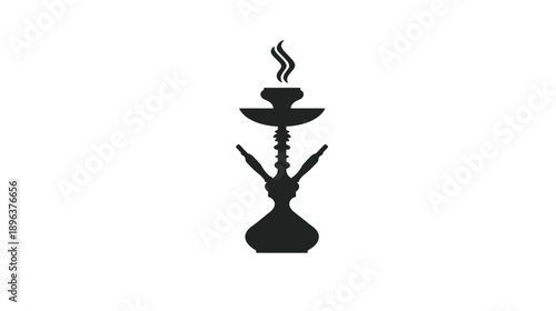 Black hookah silhouette with smoke icon, traditional water pipe or shisha lounge vector illustration on white background.