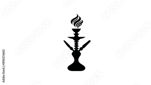 Minimalist Black Hookah Pipe Silhouette with Flame Icon. Ideal for Shisha Lounge, Relaxation, and Cultural Enjoyment Designs.