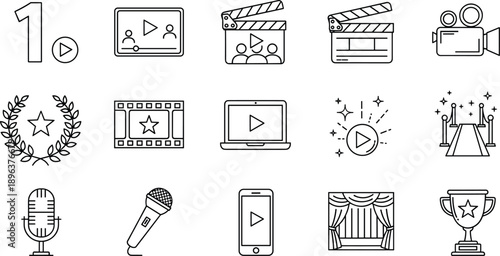 Cinema and Video Production Line Icon Set Featuring Movie Clapperboards Cameras Award Trophies Red Carpet Media Player and Film Industry Symbols
