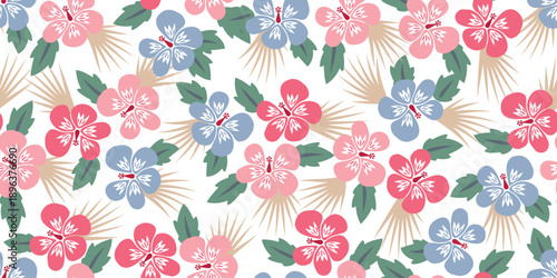 pink and baby blue hibiscus design pattern, palm leaf on white background. hibiscus motif summer patterns for Hawaiian shirts. tropical motif floral hibiscus. ditsy tropical pattern, seamless print.