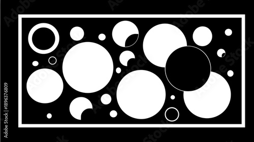 Minimalist Abstract Black and White Geometric Design featuring Various Sized Circles and Rings on a Dark Background