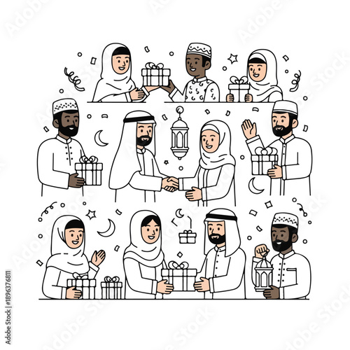 Muslim community sharing gifts and celebrating together