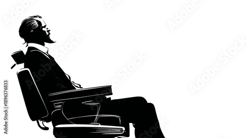 Stylized black and white illustration of a bearded man sitting in a classic barber chair, side profile view.