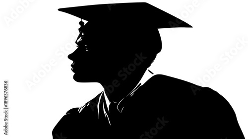 Silhouette profile of a young graduate wearing cap and gown against a stark white background, symbolizing academic achievement, success, and future aspirations.