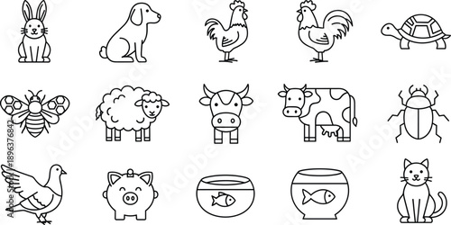 Cute Animal and Livestock Line Icons Set Featuring Farm Animals, Domestic Pets, Birds, Insects, and Aquatic Life for Nature Designs.