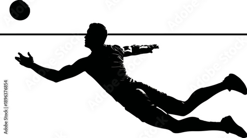 Dynamic black silhouette of a male athlete diving horizontally to hit a ball during an intense sports game. Action shot.