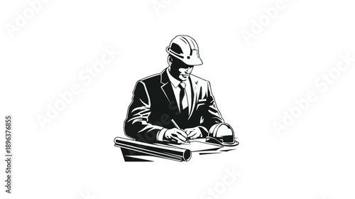 Monochrome vector illustration of an architect or engineer in a hard hat and suit, writing on blueprints at a desk.