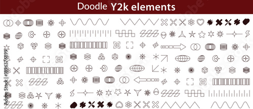 Set with different Y2k elements for design.Trendy geometric brutalism forms, memphis elements. Simple shapes forms, symbols and frames y2k style