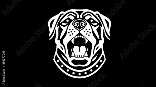 Powerful stylized dog head illustration with bared teeth and an aggressive snarl. White canine graphic on a black background.