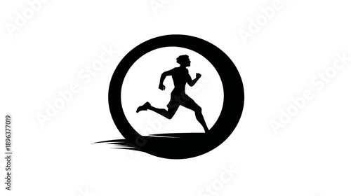 Dynamic runner silhouette icon in a circle, symbolizing speed, fitness, and an active lifestyle. Vector graphic for sports and health.
