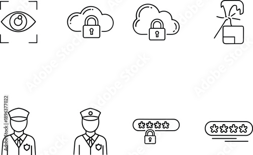 Digital Security Line Icons Set Featuring Biometric Eye Scan, Cloud Protection, Encrypted Passwords, Private Network Access, and Professional Security Personnel Symbols.