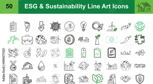 Environmental, Social, and Governance (ESG) and Sustainability Line Art Icons Set. Corporate Responsibility Vector Illustration.