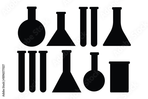 Complete Laboratory Glassware Icon Set – Beakers, Test Tubes, Flasks & Graduated Cylinders with Bubbling Chemical Liquids, Minimal Outline Vector for Science & Research