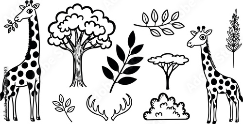 Hand drawn vector giraffes and savanna foliage pattern showing two smiling giraffes looking at camera with leaves branch antlers bushes