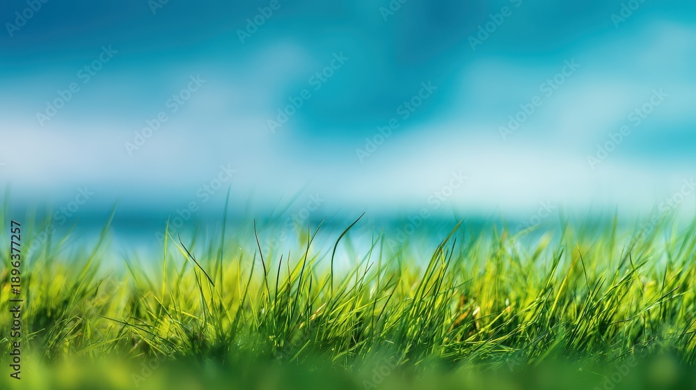 Fototapeta premium Abstract background of blurred green grass and blue sky, defocus, perfect for text overlay
