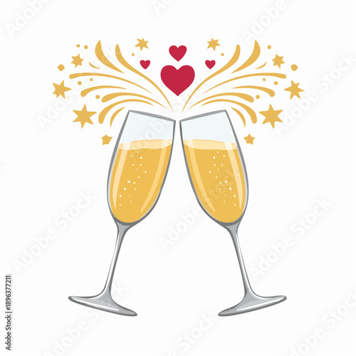 Two champagne flutes clinking together with hearts and stars, celebrating love and special occasions.
