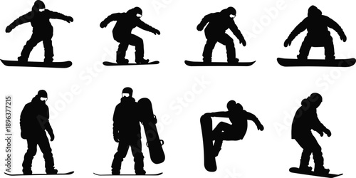 Snowboarder silhouettes performing jumps, tricks, and riding poses isolated on white background for winter sports and action design concepts