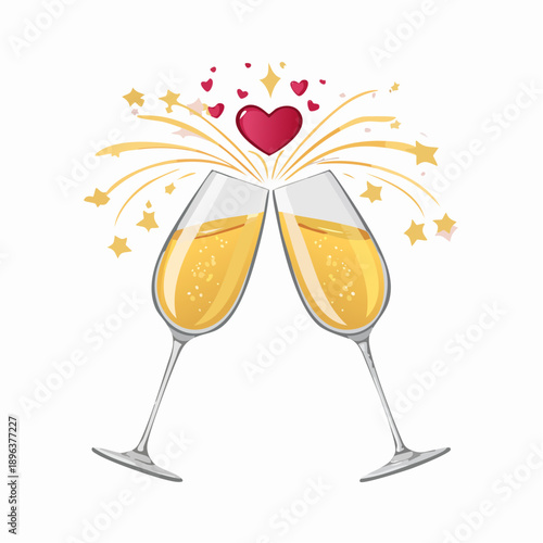 Two champagne flutes clinking in a toast, with a heart and fireworks celebrating love and special occasions.