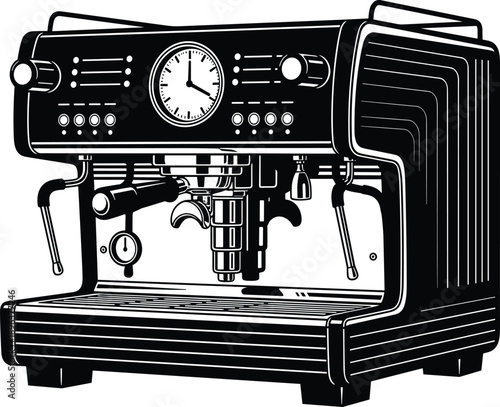 Professional espresso machine vector illustration in black and white style featuring steam wands and portafilter suitable for coffee shop menu, logo, and barista branding