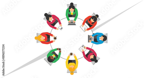 Diverse Business Team Meeting Around Circular Table, Top View Vector Illustration. Corporate Collaboration and Strategy Session.
