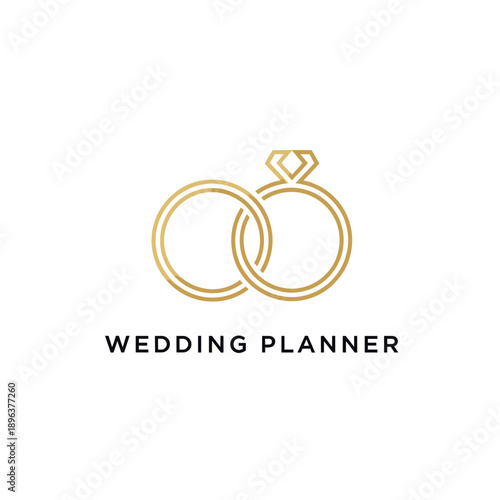 Golden wedding rings with a diamond interlocked above the text 'WEDDING PLANNER' on a white background, symbolizing marriage and event planning.